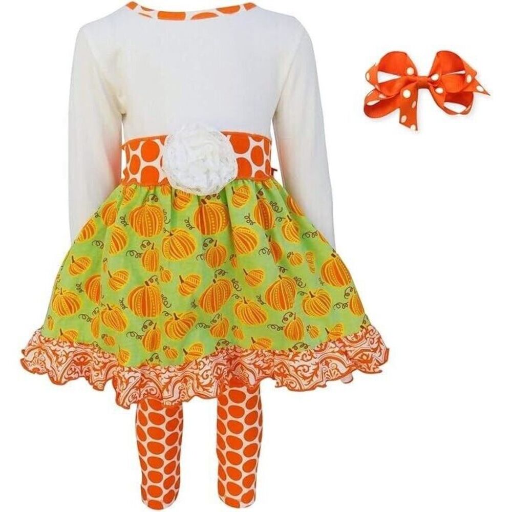 Ann Loren BNWT Girl's Thanksgiving Outfit Pumpkin & Polka Dot‎ Dress Size 11-12